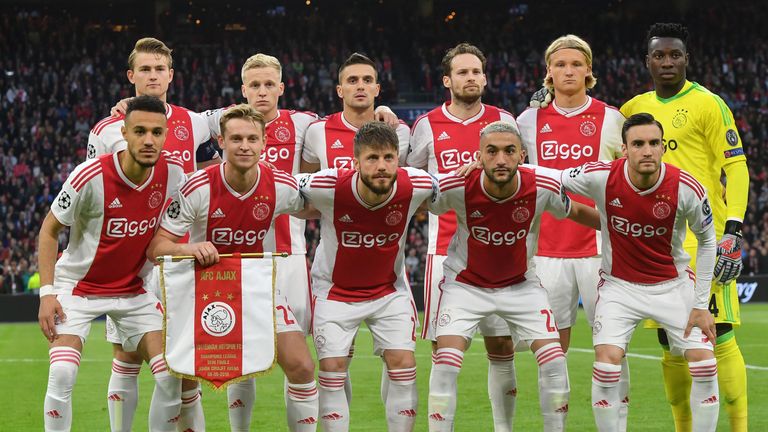 Ajax line up ahead of their Champions League semi-final, second leg against Tottenham Hotspur in Amsterdam