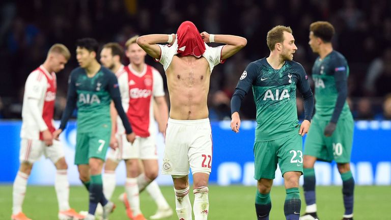 Ajax's Moroccan midfielder Hakim Ziyech (C) reacts during the UEFA Champions League semi-final second leg football match between Ajax Amsterdam and Tottenham Hotspur at the Johan Cruyff Arena, in Amsterdam, on May 8, 2019. (Photo by JOHN THYS / AFP) (Photo credit should read JOHN THYS/AFP/Getty Images)