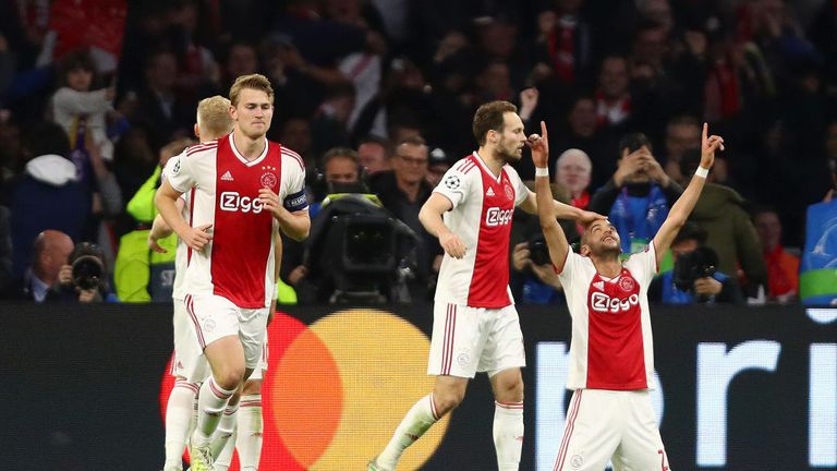 Hakim Ziyech of Ajax celebrates after scoring his team's second goal with Daley Blind of Ajax during the UEFA Champions League Semi Final second leg match between Ajax and Tottenham Hotspur at the Johan Cruyff Arena
