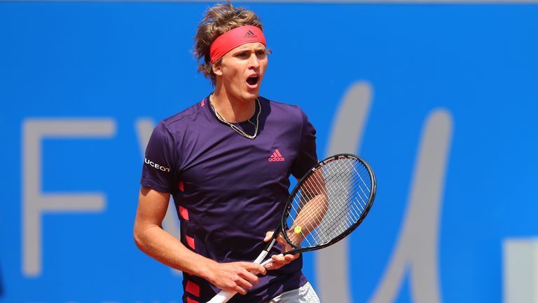 Alexander Zverev of Germany celebrates winning a point during his second round match against Juan Ignacio Londero of Argentina on day 5 of the BMW Open at MTTC IPHITOS on May 01, 2019 in Munich, Germany. 