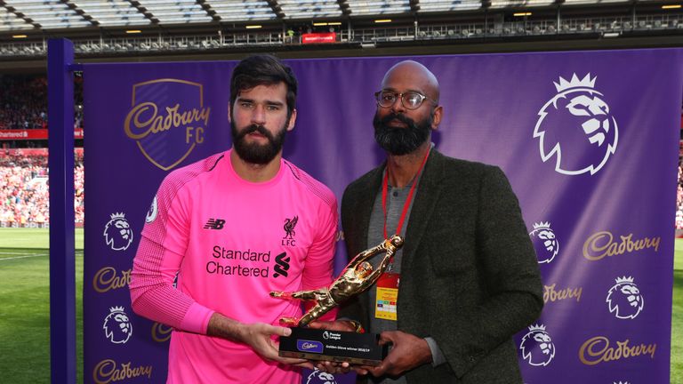 Liverpool's Alisson is presented with the Premier League golden glove award for the 2018/19 season