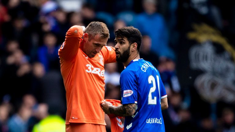 05/05/19 LADBROKES PREMIERSHIP.RANGERS v HIBERNIAN (1-0).IBROX - GLASGOW.Rangers Allan McGregor and Daniel Candeias after the goalkeeper is red carded.