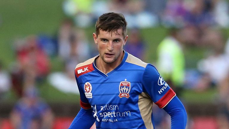 NEWCASTLE, AUSTRALIA - MARCH 26: Andy Brennan of the Jets in action during the round 25 A-League match between the Newcastle Jets and the Perth Glory at Hunter Stadium on March 26, 2016 in Newcastle, Australia. (Photo by Ashley Feder/Getty Images)