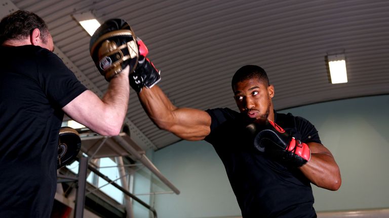 Anthony Joshua in action during a media session at the English institute of Sport in Sheffield