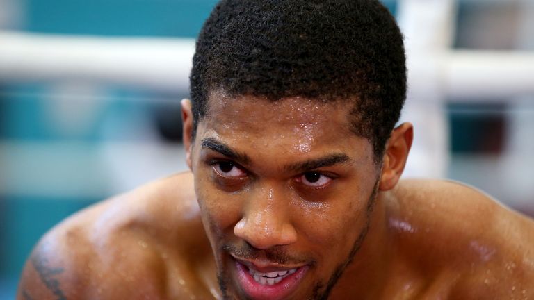 Anthony Joshua trains during a media Workout at the English Institute of Sport on March 21, 2018 in Sheffield, England.