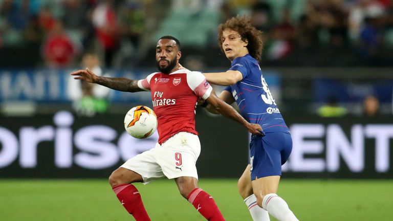 Arsenal's Alexandre Lacazette and Chelsea's David Luiz (right) battle for the ball during the UEFA Europa League final at The Olympic Stadium, Baku, Azerbaijan. PRESS ASSOCIATION Photo. Picture date: Wednesday May 29, 2019. See PA SOCCER Europa. Photo credit should read: Bradley Collyer/PA Wire. RESTRICTIONS: Editorial use only in permitted publications not devoted to any team, player or match. No commercial use. Stills use only - no video simulation. No commercial association without UEFA permission. Please contact PA Images for further information.