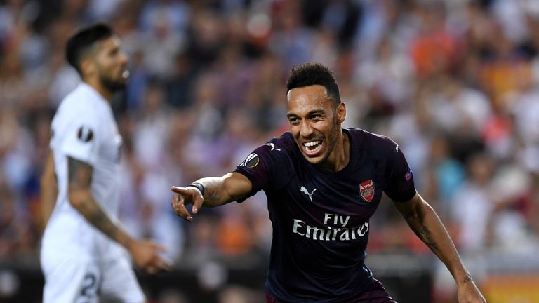 Pierre-Emerick Aubameyang celebrates scoring for Arsenal in Europa League semi-final second leg