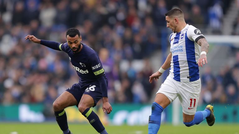 Ashley Cole and Anthony Knockaert during the FA Cup Fifth Round match between Brighton and Hove Albion and Derby County at Amex Stadium on February 16, 2019 in Brighton, United Kingdom.