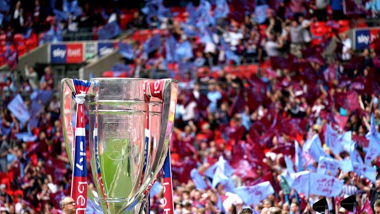 A large scale replica of the Sky Bet Championship Play-Off Trophy on display prior to the Sky Bet Championship Play-off final at Wembley Stadium, London.