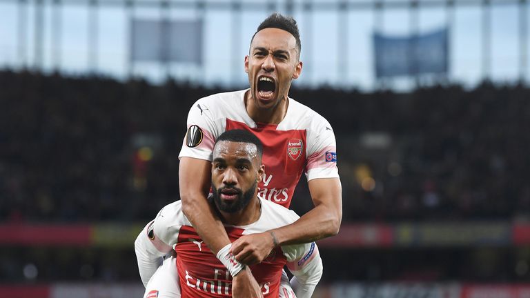 Alex Lacazette celebrates scoring the 1st Arsenal goal with Pierre-Emerick Aubameyang during the UEFA Europa League Semi Final First Leg match between Arsenal and Valencia at Emirates Stadium on May 02, 2019 in London, England. 