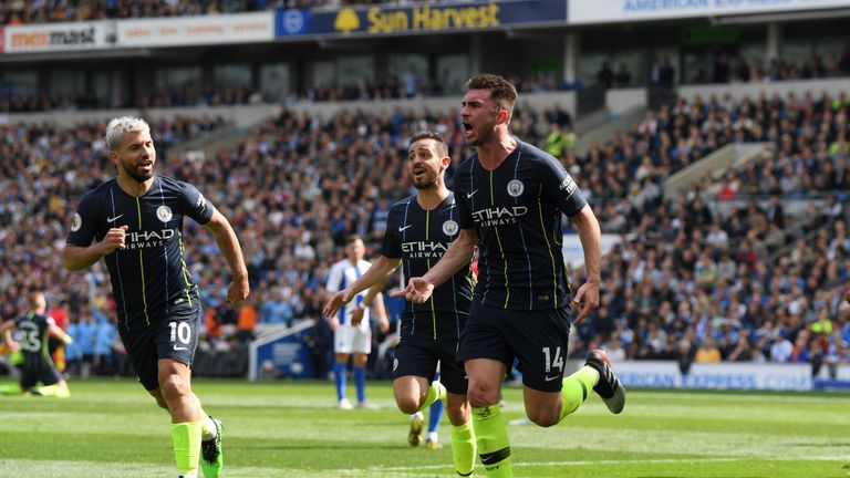 Aymeric Laporte celebrates after putting Manchester City 2-1 up
