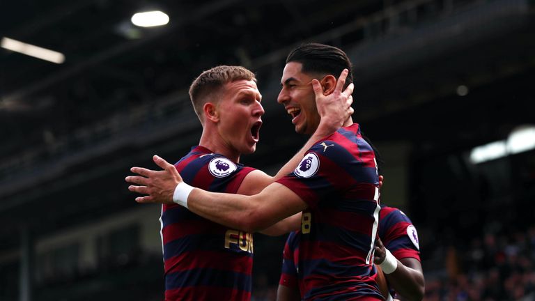 Ayoze Perez celebrates with Matt Ritchie after scoring Newcastle's second goal against Fulham