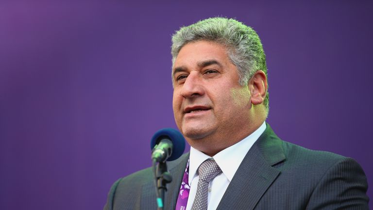 Azad Rahimov, Minister of Sports for Azebaijan talks to the athletes during the arrival of the Torch for the Athletes Welcome Ceremony in the athletes village ahead of the start of the 1st European Games on June 11, 2015 in Baku, Azerbaijan.