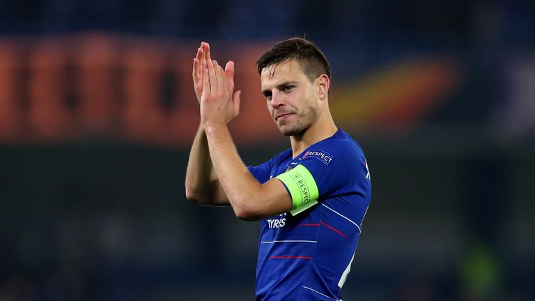 Azpilicueta applauding supporters at Stamford Bridge after Chelsea's victory over Eintracht Frankfurt in the Europa League semi-final.