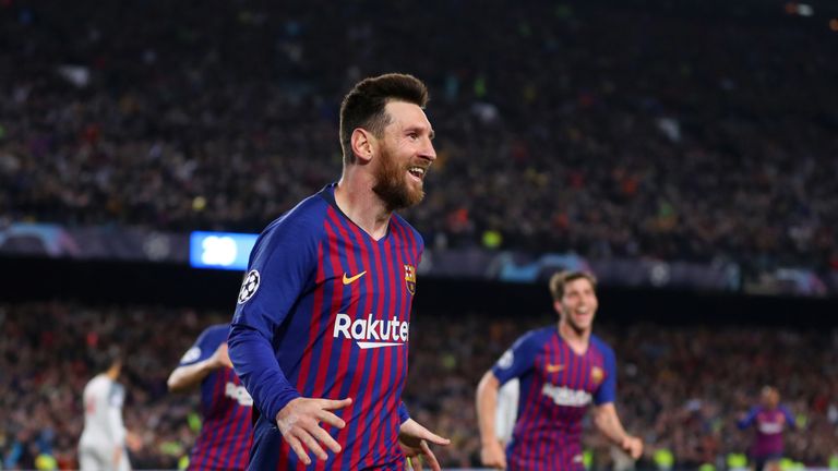 Lionel Messi celebrates after scoring against Barcelona