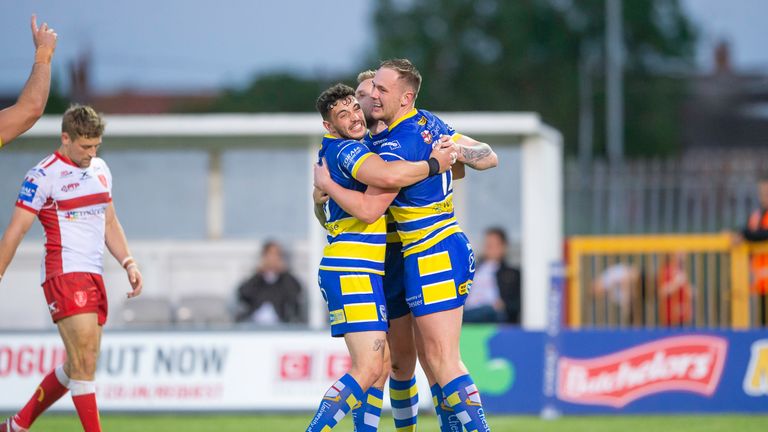 Warrington's Ben Currie is congratulated on his try against Hull KR