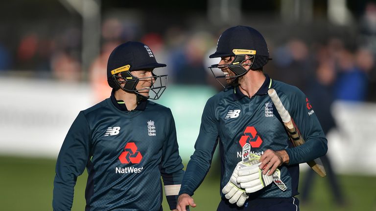DUBLIN, IRELAND - MAY 03: Ben Foakes and Tom Curran of England walk off after winning the ODI cricket match against Ireland at Malahide Cricket Club on May 3, 2019 in Dublin, Ireland. (Photo by Charles McQuillan/Getty Images)