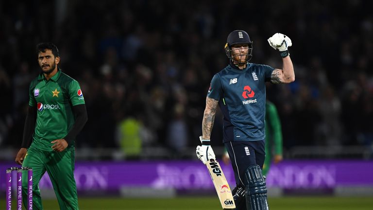 Ben Stokes celebrates hitting the winning runs in England's three-wicket win over Pakistan in the fourth ODI