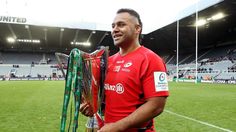 Billy Vunipola poses with the European Champions Cup trophy on Saturday