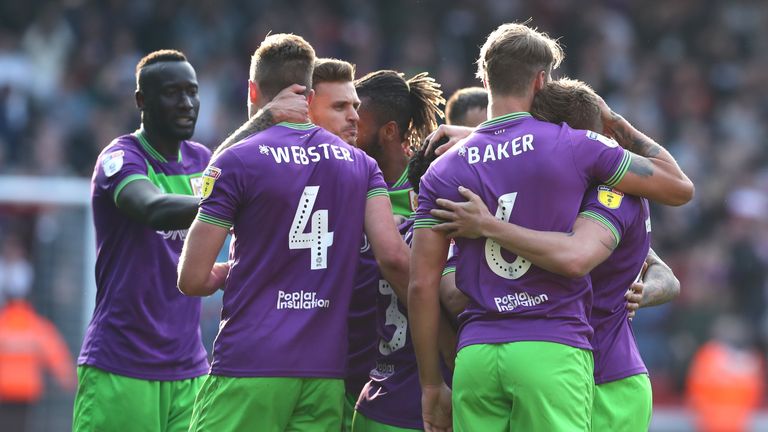 Bristol City celebrate a 3-2 away victory against promoted Sheffield United in March.