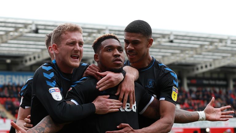 Middlesbrough's Britt Assombalonga celebrates after scoring from the penalty spot 