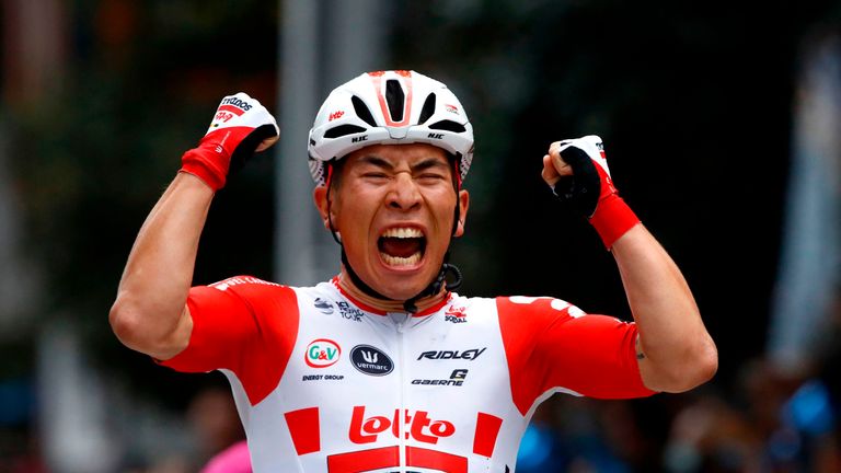  Australia's Caleb Ewan celebrates as he finishes first in stage eight of the 102nd Giro d'Italia