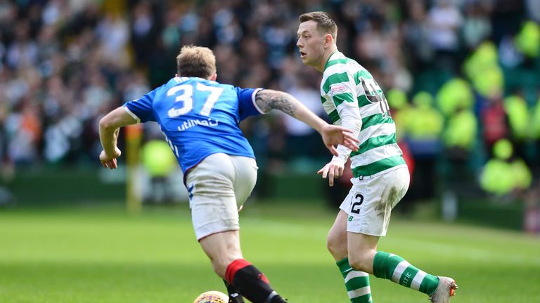 Callum McGregor of Celtic kicks the ball past ra3during the Ladbrokes Scottish Premiership match between Celtic and Rangers at Celtic Park on March 31, 2019 in Glasgow, Scotland. 
