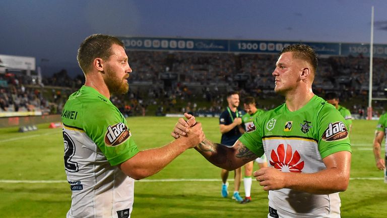 TOWNSVILLE, AUSTRALIA - APRIL 06: Elliott Whitehead and Ryan Sutton of the Raiders celebrate after winning the round four NRL match between the North Queensland Cowboys and the Canberra Raiders at 1300SMILES Stadium on April 06, 2019 in Townsville, Australia. (Photo by Ian Hitchcock/Getty Images)