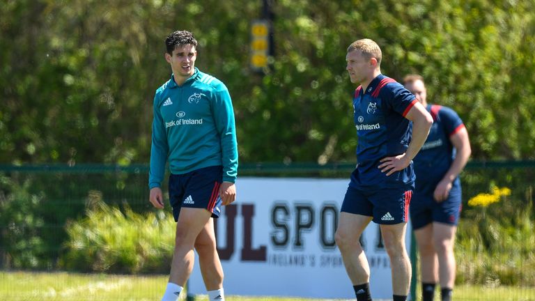 13 May 2019; Joey Carbery, left, and Keith Earls during Munster Rugby Squad Training at the University of Limerick in Limerick. Photo by Brendan Moran/Sportsfile