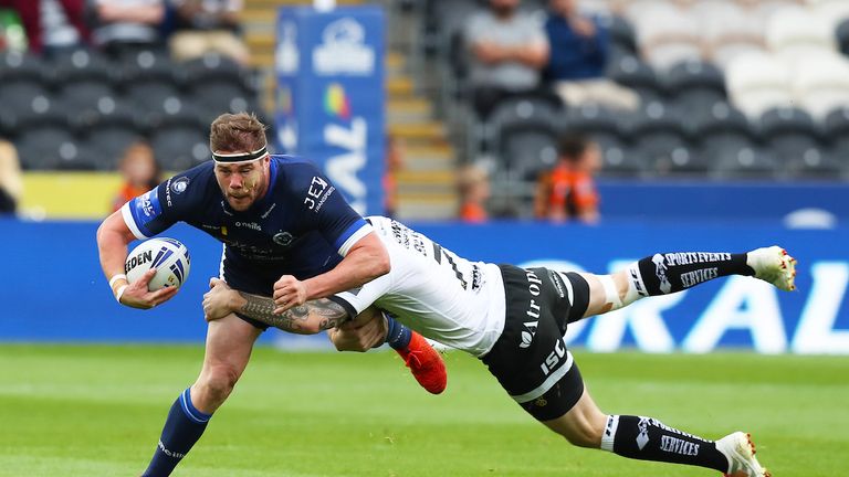 Remi Casty is tackled by man of the match Marc Sneyd on Thursday