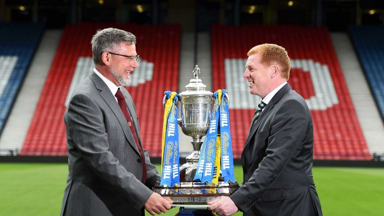 23/05/19.HAMPDEN - GLASGOW.Hearts manager Craig Levein (L) and Celtic manager Neil Lennon preview the upcoming William Hill Scottish Cup Final.