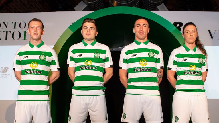 Celtic's Callum McGregor, James Forrest, Scott Brown, and Kelly Clark model the new home kit for the 2019/2020 season at The Arches in Glasgow