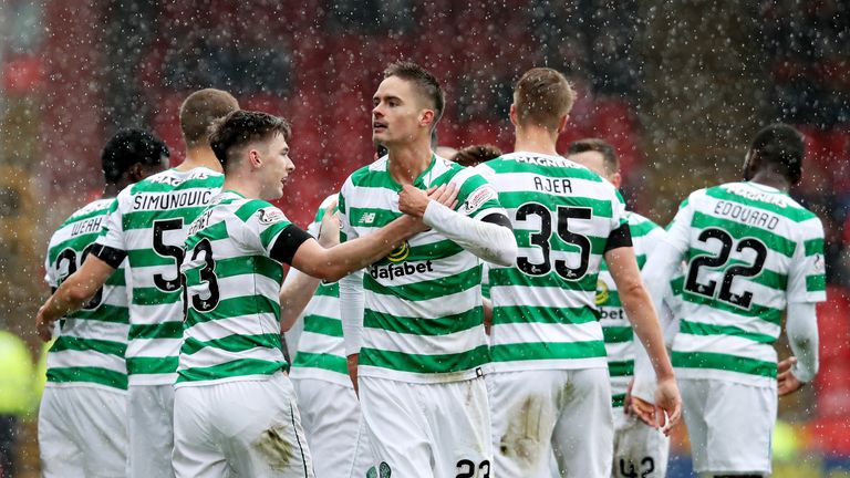 Lustig celebrates scoring for Celtic at Aberdeen