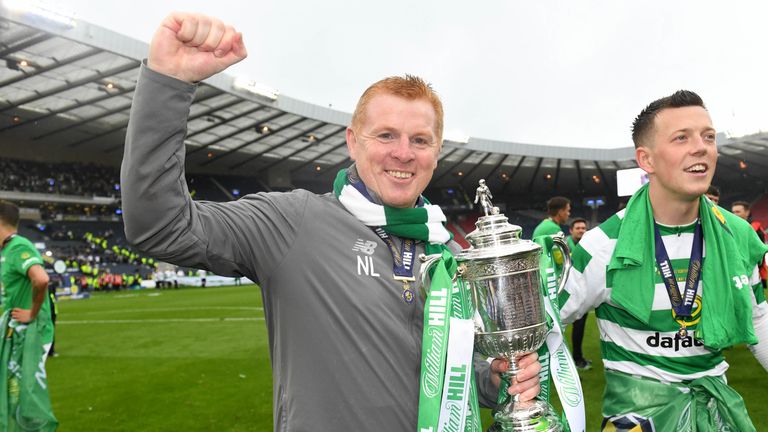 Celtic manager Neil Lennon celebrates winning the Scottish Cup against Hearts.