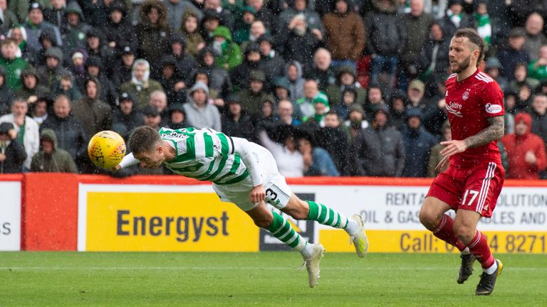 Celtic’s Mikael Lustig scores to make it 1-0 against Aberdeen