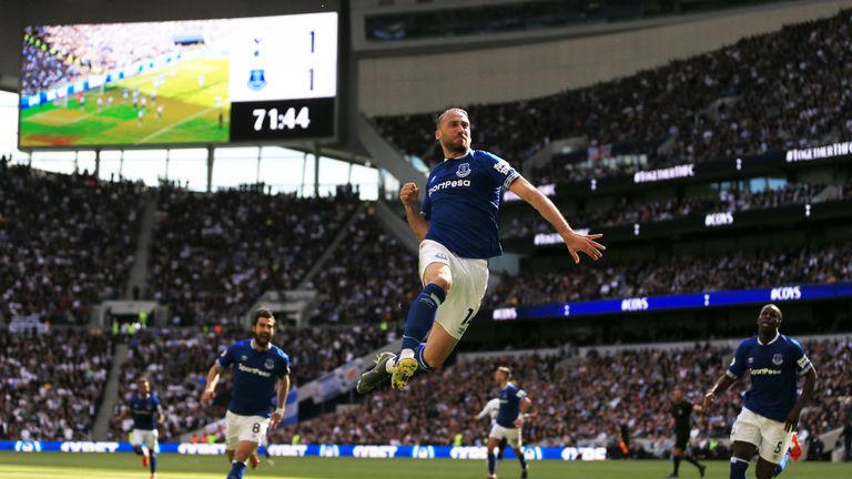 Cenk Tosun leaps for joy after turning the game around with Everton's second