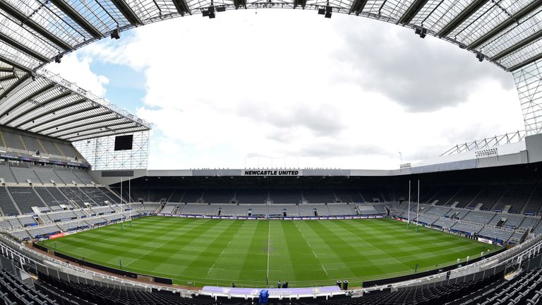 St James' Park stadium is pictured in Newcastle-upon-Tyne, north east England on May 10, 2019, ahead of the European Rugby Challenge Cup final, and Champions Cup final rugby union matches. - La Rochelle will play against Clermont in Friday's European Rugby Challenge Cup final, and Leinster will face Saracens tomorrow in the European Rugby Champions Cup final match. (Photo by ANDY BUCHANAN / AFP) (Photo credit should read ANDY BUCHANAN/AFP/Getty Images)