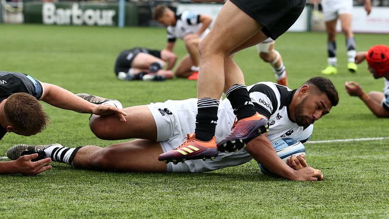 NEWCASTLE UPON TYNE, ENGLAND - MAY 18: Charles Piutau of Bristol Bears goes over for the opening try during the Gallagher Premiership Rugby match between Newcastle Falcons and Bristol Bears at Kingston Park on May 18, 2019 in Newcastle upon Tyne, United Kingdom. (Photo by Jan Kruger/Getty Images)