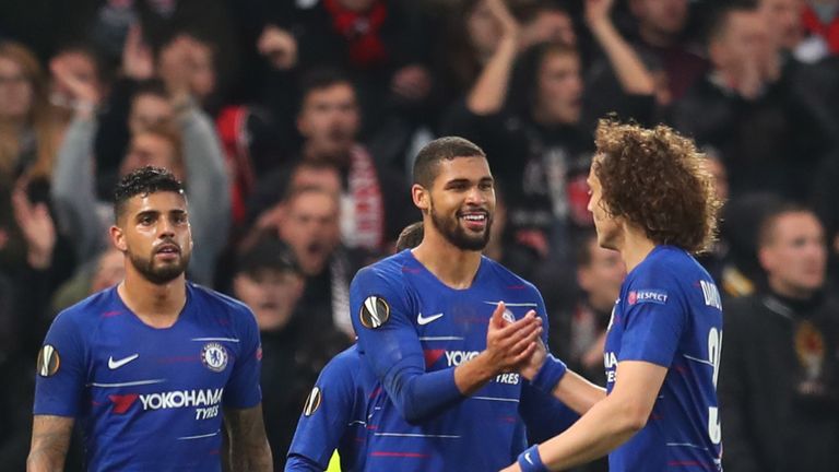 Ruben Loftus-Cheek celebrates scoring Chelsea's first goal in Europa League semi-final second leg with team-mate David Luiz