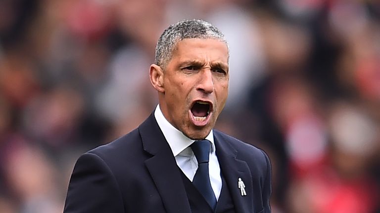 Brighton&#39;s Irish manager Chris Hughton gestures on the touchline during the English Premier League football match between Arsenal and Brighton and Hove Albion at the Emirates Stadium in London on May 5, 2019.