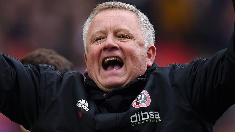 Chris Wilder, Manager of Sheffield United celebrates their promotion after the Sky Bet Championship match between Stoke City and Sheffield United at Bet365 Stadium on May 05, 2019 in Stoke on Trent, England. 