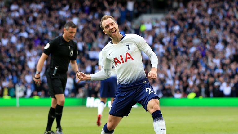 Christian Eriksen celebrates scoring Tottenham's equaliser