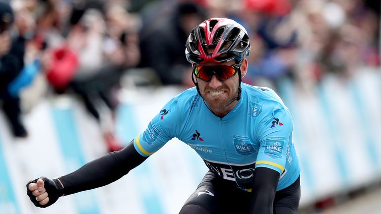 Team Ineos' Christopher Lawless celebrates winning the Tour de Yorkshire after stage four