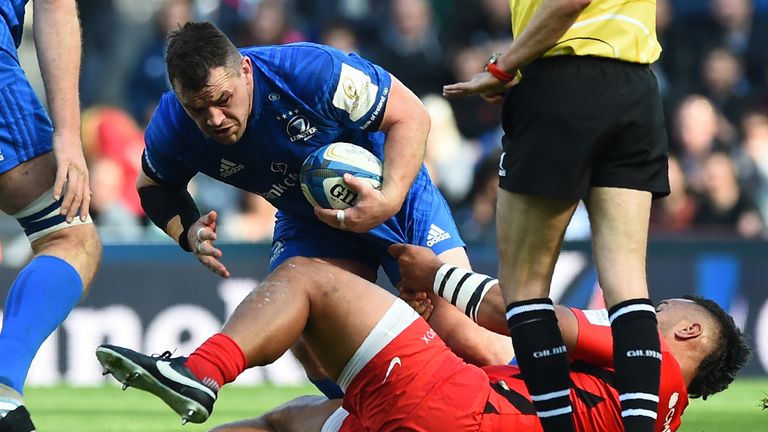 Leinster's Irish prop Cian Healy (L) is tackled during the European Rugby Champions Cup final match between Leinster and Saracens at St James Park stadium in Newcastle-upon-Tyne, north east England on May 11, 2019. (Photo by ANDY BUCHANAN / AFP) (Photo credit should read ANDY BUCHANAN/AFP/Getty Images)