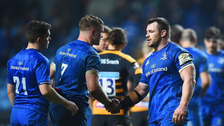 COVENTRY, ENGLAND - JANUARY 20: Cian Healy of Leinster shakes hands with team mates Josh van der Flier after the Champions Cup match between Wasps and Leinster Rugby at Ricoh Arena on January 20, 2019 in Coventry, United Kingdom. (Photo by Tony Marshall/Getty Images)