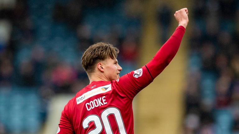 18/05/19 LADBROKES PREMIERSHIP.DUNDEE v ST MIRREN.KILMAC STADIUM AT DENS PARK - DUNDEE.St Mirren's Cody Cooke celebrates his hat trick goal to make it 3-1