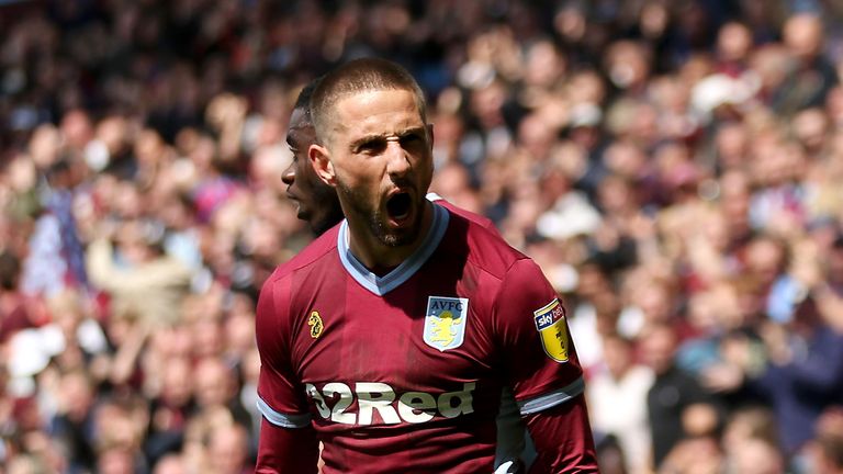 BIRMINGHAM, ENGLAND - MAY 11: Conor Hourihane of Aston Villa celebrates after scoring his team&#39;s first goal during the Sky Bet Championship Play-off semi final first leg match between Aston Villa and West Bromwich Albion at Villa Park on May 11, 2019 in Birmingham, England. (Photo by Paul Harding/Getty Images)