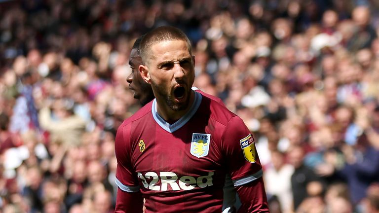 BIRMINGHAM, ENGLAND - MAY 11: Conor Hourihane of Aston Villa celebrates after scoring his team's first goal during the Sky Bet Championship Play-off semi final first leg match between Aston Villa and West Bromwich Albion at Villa Park on May 11, 2019 in Birmingham, England. (Photo by Paul Harding/Getty Images)