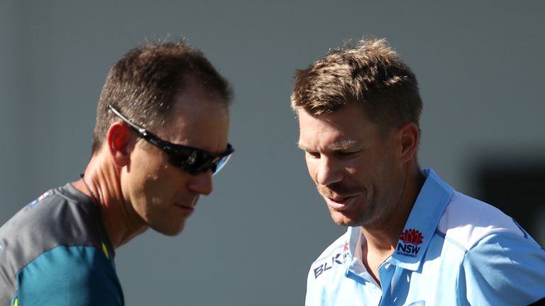 Australia head coach Justin Langer pictured with David Warner