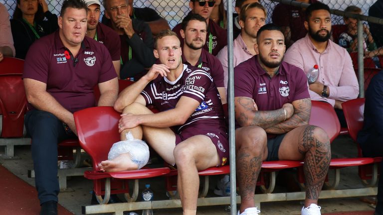 SYDNEY, AUSTRALIA - APRIL 28: Daly Cherry-Evans of the Sea Eagles sits on the bench after sustaining an injury during the round 7 NRL match between the Manly Warringah Sea Eagles and the Canberra Raiders at Lottoland on April 28, 2019 in Sydney, Australia. (Photo by Matt King/Getty Images)